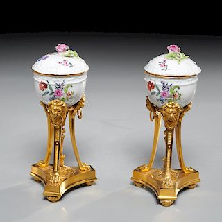 Pair Meissen style bronze mounted pots/covers