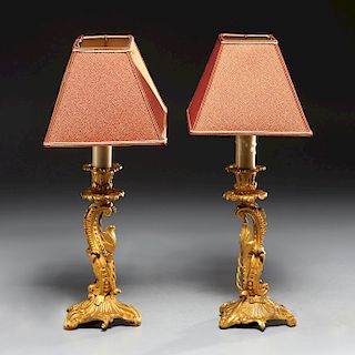 Pair French gilt bronze Grotto style lamps