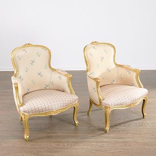 Pair Louis XV style green painted, gilt bergeres