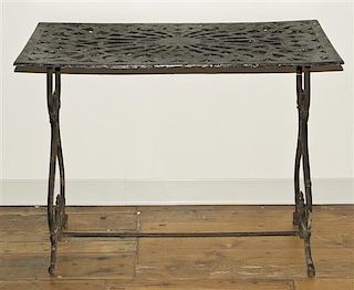A Wrought Iron Cafe Table, Height 28 3/4 x width 37 3/8 x depth 20 1/4 inches.