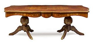 A Louis XV Style Gilt Metal Mounted Marquetry Extension Dining Table, Height 30 x width 93 x depth 46 inches.