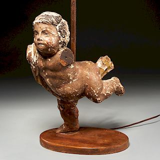 Italian carved polychromed wood putto lamp
