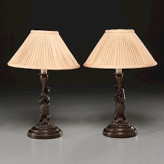 Pair Russian style patinated metal bear lamps