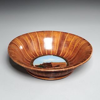 Russian wood bowl with eglomise portrait landscape
