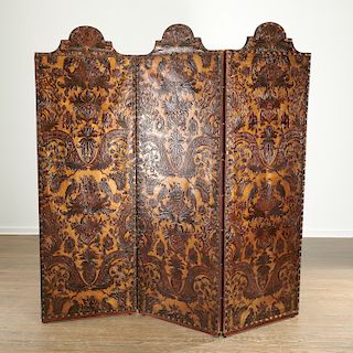Continental tooled leather three panel screen