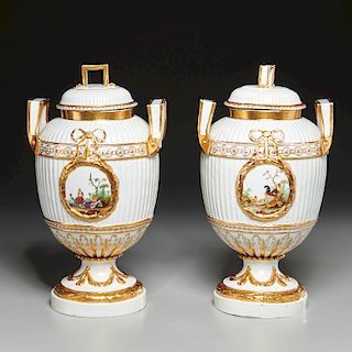 Pair Furstenberg porcelain reeded urns/covers