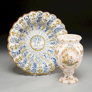 Old European maiolica/faience dish and vase