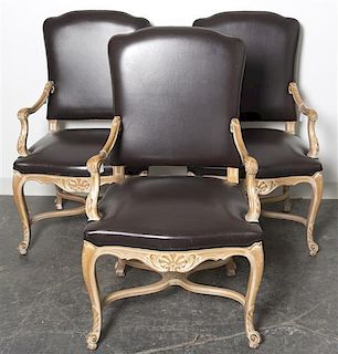 Ten Italian Carved Wood and Leather Arm Chairs, Height 41 1/2 inches.
