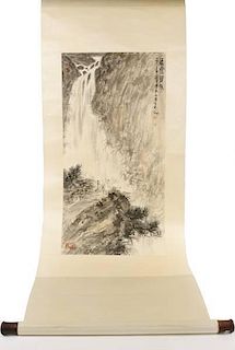 Chinese Ink Scroll Painting, Men at Waterfall