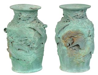 Pair Asian Relief Decorated Bronzes