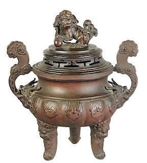 Chinese Patinated Bronze Lidded Censer