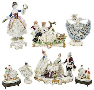 Seven German Painted Lace Porcelain Figurines