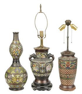 Three Chinese Bronze And Champlevé Vases
