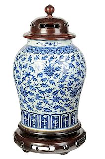 Chinese Blue And White Temple Jar With Wood Lid
