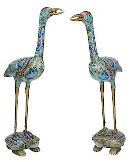 Pair of Bronze Cloisonné Cranes on Turtles