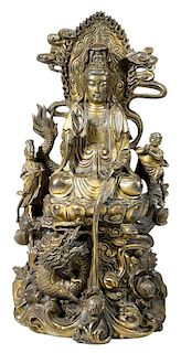 Tibetan Bronze Guanyin Figure With Dragon