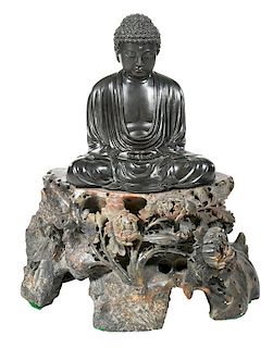 Japanese Bronze Buddha on Carved Soapstone Base