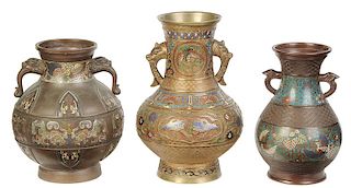 Three Chinese Bronze And Champlevé Vases