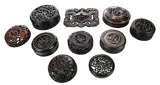 Group of Ten Chinese Carved Wooden Lids