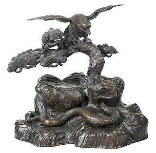 Japanese Bronze Eagle and Snake Sculpture