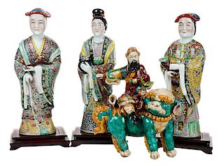 Three Famille Rose Figures and Figural Roof Tile