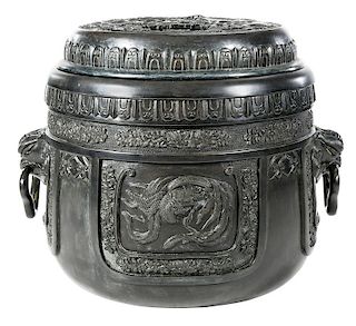 Large Bronze Censer With Reticulated Lid