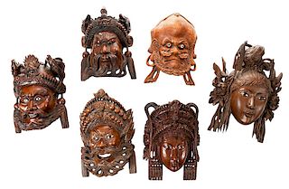 Six Finely Carved Hardwood Asian Masks