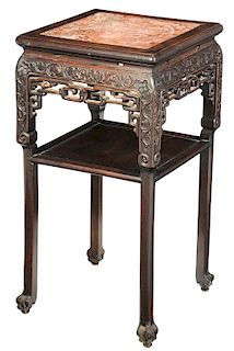 Chinese Carved Hardwood Marble Inset Table