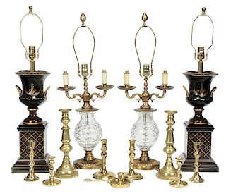 Group Of 13 Lamps And Brass Candlesticks