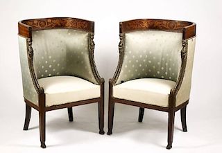 Pair of Empire Style Marquetry Inlaid Armchairs