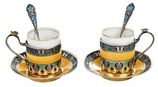 Pair of Russian Plique-à-Jour Cups/Saucers, Spoons