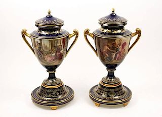 Pair of Royal Vienna Lidded Urns, Claudius Herr