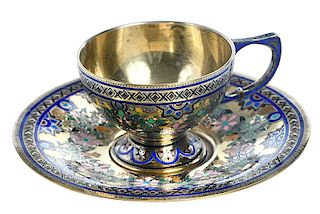 Russian Gilt Silver and Enamel Cup and Saucer