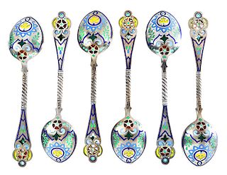Set of 12 Russian Silver Plique-à-Jour Spoons