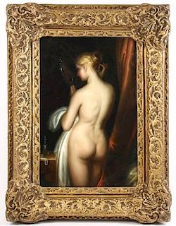 1894 Oil, "Female Nude With Looking Glass", Signed