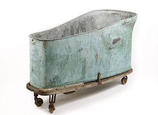 Large Copper Bathtub on Wooden Stand w/ Wheels