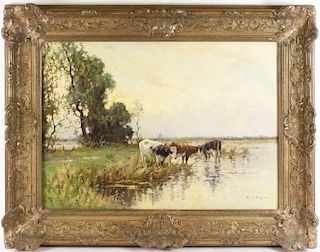 Dutch, O/C, "Cows At Water's Edge" 19th/ 20th C.