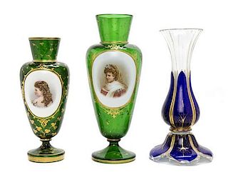 Three Bohemian Glass Articles, Height of tallest 11 inches.