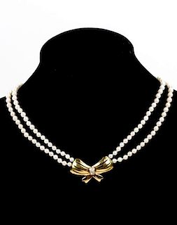 Ladies Pearl & Diamond Necklace w/18k Gold Bow