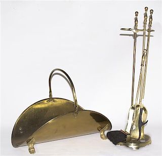 A Collection of Brass Fireplace Accessories, Height of first overall 27 1/2 inches.