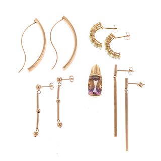 Four Pairs of Gold Earrings & 14K Ametrine Pendant