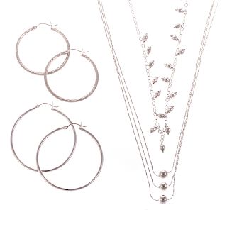 Two White Gold Necklaces & Hoop Earrings