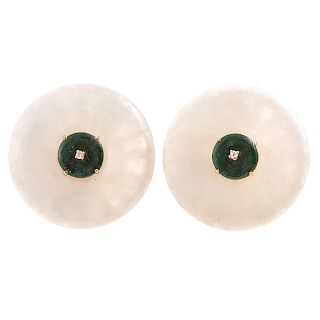 A Pair of Jade & Diamond Disc Earrings in 14K