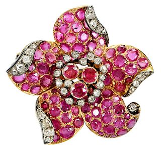 18kt. Ruby and Diamond Flower Brooch