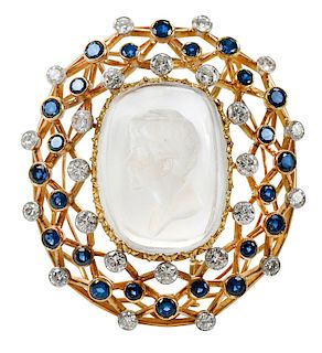 18kt. Intaglio, Diamond and Sapphire Brooch