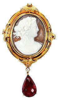 14kt. Cameo and Ruby Brooch