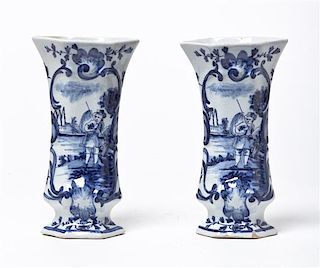 A Pair of Delft Ceramic Vases, Height 7 7/8 inches.