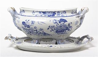 An English Transfer Decorated Tureen on Stand, Stone China Company, Width of widest over handles 15 inches.