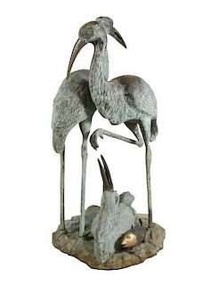 Large Verdigris Bronze Crane Sculptural Group