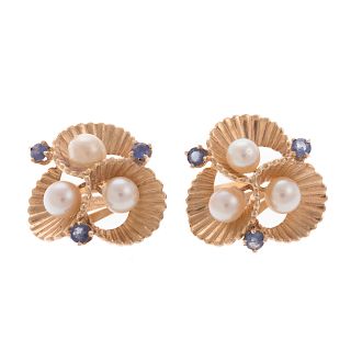 A Ladies Pair of Pearl & Sapphire Earrings in 14K